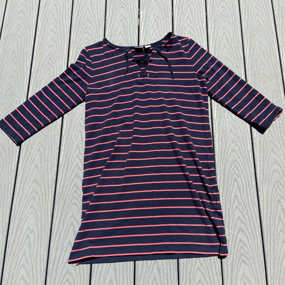 Navy blue and pink dress.